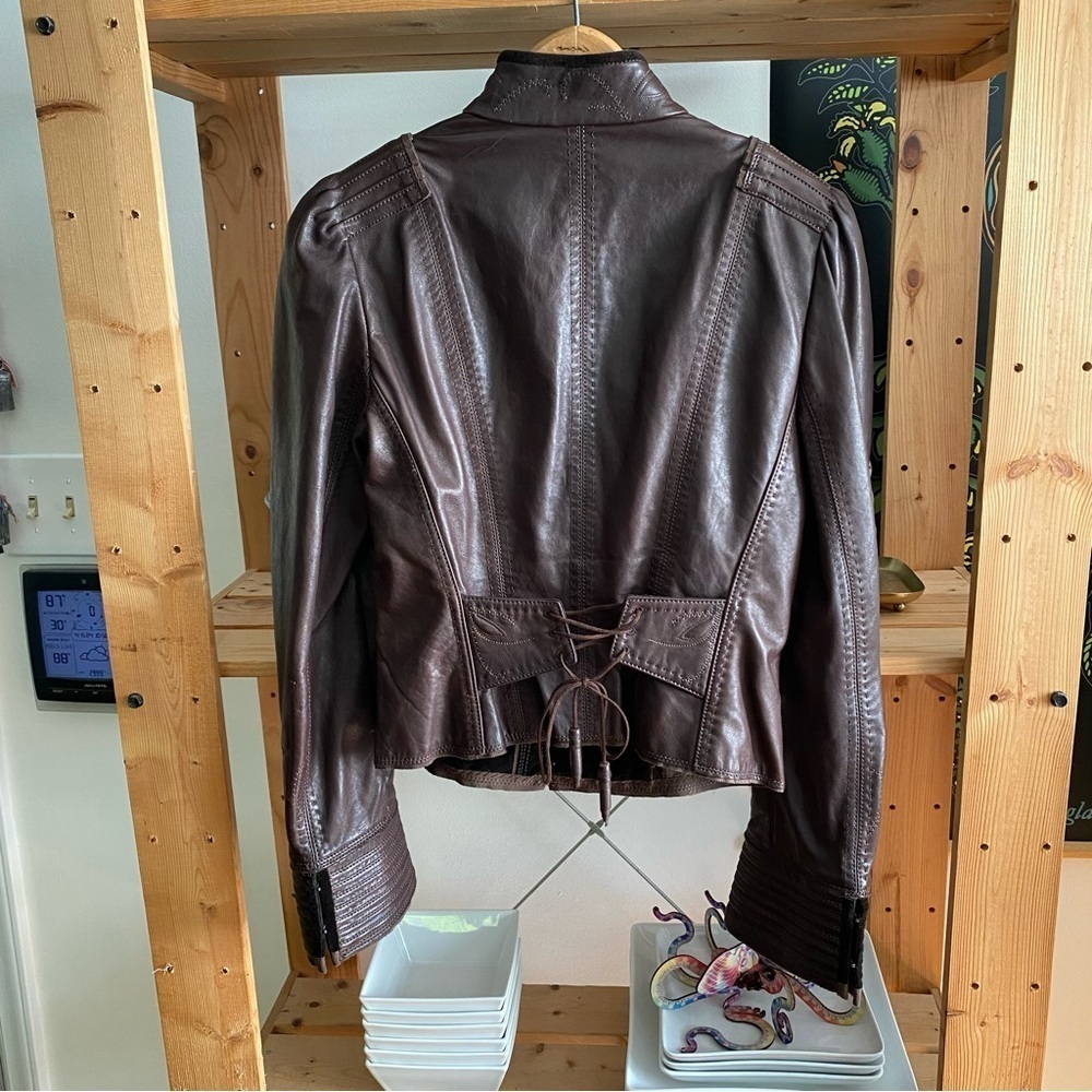 Elie Tahari Brown Floral Embroidered Embellished Leather Moto Jacket - Picture 3 of 16